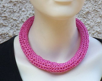 Necklace made of bast, pink, magnetic clasp, unique