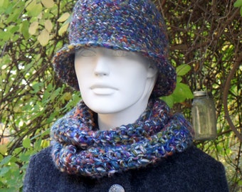 Fine hat-scarf combination, crocheted, 100% virgin wool, blue tones