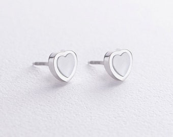 Earrings  white gold fashion 14K 585 minimalism hearts , Mother-of-pearl ,Jewelry of Ukraine, made with love, original style