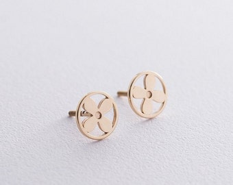 Earrings yellow gold 14K 585 fashion , jewelry of Ukraine,broach gift for her 10 mm, anniversary,