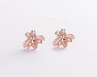 Earrings  rose gold 14K 585 CZ minimalism, original style, top earrings , girls gift, Jewelry of Ukraine,Made with love, Hit