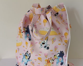 Bluey Lined Drawstring Bag/With Handles/Library Bag/Toy Bag/Laundry Bag/Shoe Bag/35cm x 35m/14" x 14"