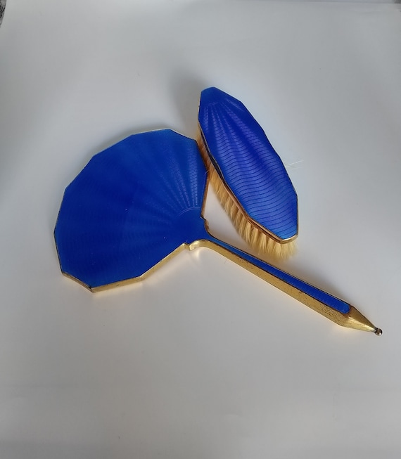 Blue Guilloche Mirror and Brush 1920s Gilt Frame and Handle  display picture 1