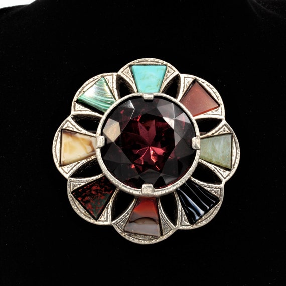 Broche Celtique Vintage Agate Améthyste Argentée - Bijou Occasion Ecosse 1694