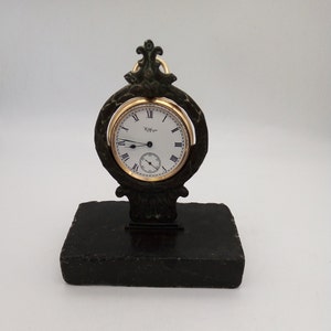 Victorian Stand/ Holder for Pocket Watch 5.1 cm - Black Metal Wreath on Black Stone base 14 cm height - Watch not included, display only