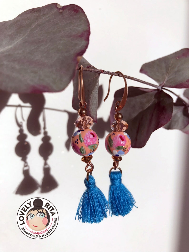 LovelyRita Tassel tase earrings Fower Power hand-painted wooden beads faceted glass beads ros\u00e8gold metal beads nickel-free