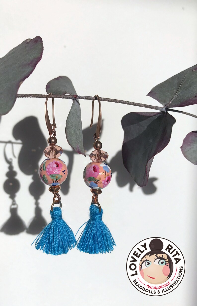 LovelyRita Tassel tase earrings Fower Power hand-painted wooden beads faceted glass beads ros\u00e8gold metal beads nickel-free