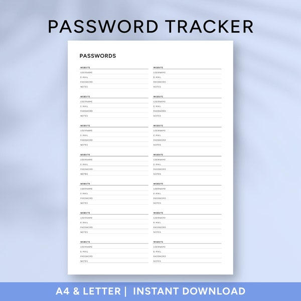 Password Tracker | A4 and Letter | Printable Password Organizer and Login Keeper for Account Management, Printable and Fillable PDF