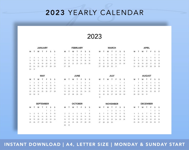 2023 Year Calendar Printable Year At A Glance Desk Calendar Etsy India