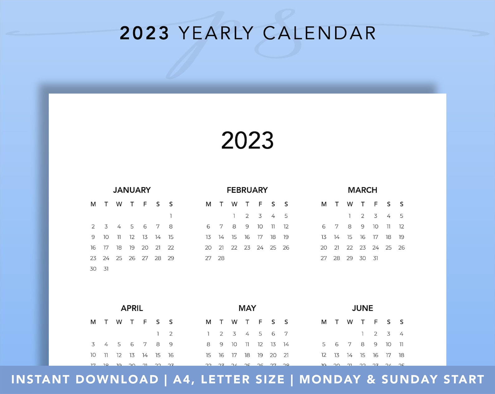 2023 Year Calendar Printable Year at a Glance Desk Calendar Etsy