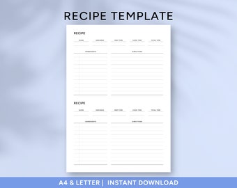 Recipe Book Template | Recipe Binder Journal for Kitchen & Cooking | A4 and Letter Printable PDF