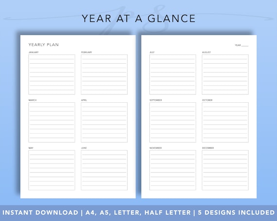 Year at a Glance on 2 Pages Yearly Overview Printable Yearly | Etsy