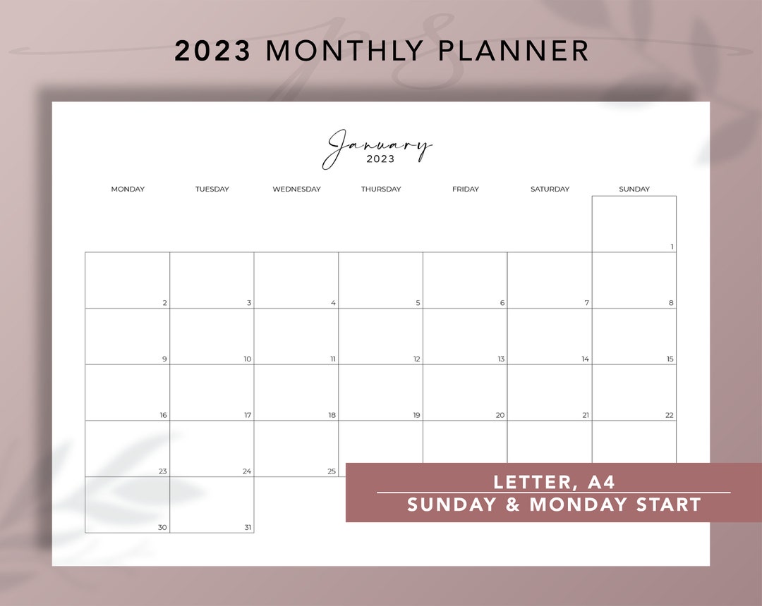 2023 Monthly Calendar Printable Year at a Glance Desk Etsy