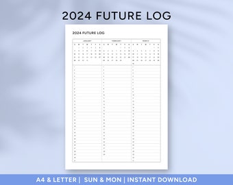 2024 Future Log Printable | Quarterly Planner | Yearly overview on 4 pages | Minimalist A4 & Letter Printable and Fillable PDF