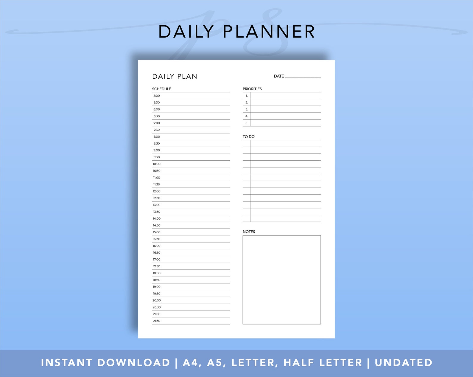 Daily Planner Printable, Half Hour Daily Planner, Daily Schedule, Day ...