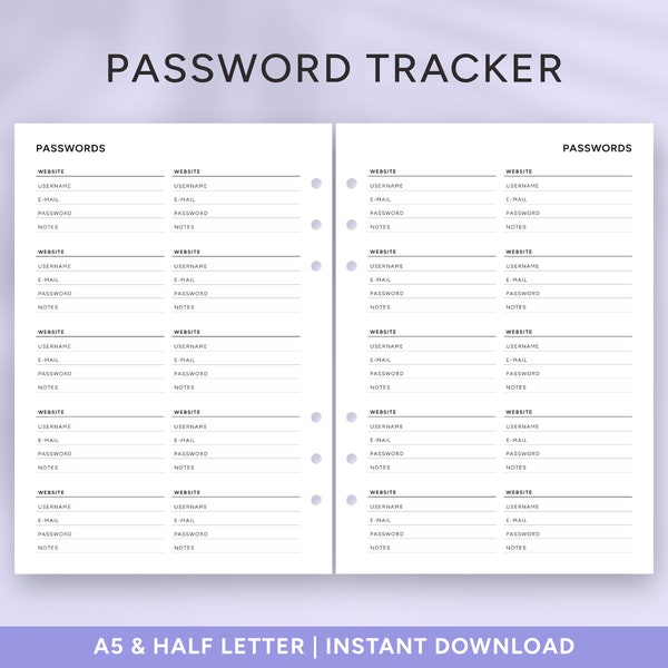 Password Tracker | A5 and Half Letter | Printable Password Organizer and Login Keeper for Account Management, Printable and Fillable PDF