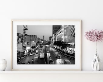 Bangkok Cityscape Print, Urban Street Photography, Black and White (Digital Print)