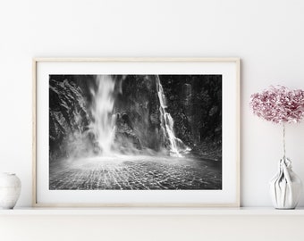 Milford Sound Waterfall, New Zealand, Black and White Photography (Digital Print)