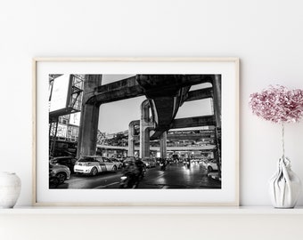 Bangkok Cityscape Print, Black and White Urban Street View (Digital Print)