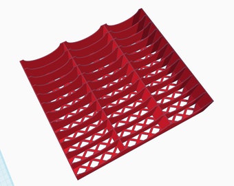 May include: A red plastic organizer with multiple compartments. The organizer has a grid pattern and is designed to hold small items.