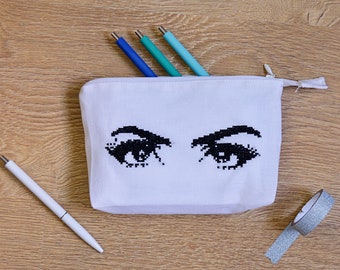 Personalised Pencil Case, Eyes Cross Stitch, Make Up Bag, Pouch, Cosmetic Bag, Stationery