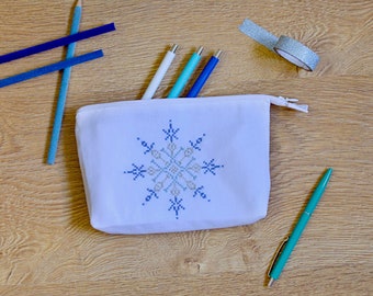 Snowflake Pencil Case, Make Up Bag, Cross Stitch, Stationery Pouch