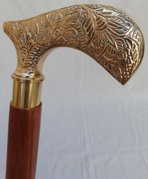 Gold Polished Brass Handle Walking Stick Walking Cane Wooden Solid