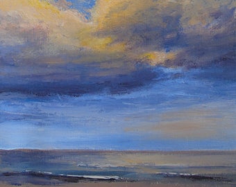 Oil painting sunrise seascape over Craster harbour in Northumberland 16.5cm x 24cm