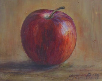 ORIGINAL acrylic still-life painting of a red apple // wall art // A5 painting in A4 mount // kitchen art