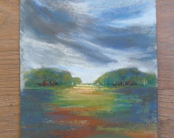 Original impressionist soft pastel landscape painting of fields and trees