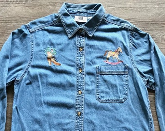 VTG 90s Womens Medium Jean Button Down Horse Shirt VTG 90s Womens Medium Denim Button Down Equestrian Shirt 90s Womens Medium Western Shir