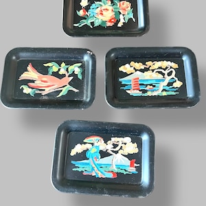 Tole Ware Vintage Decorative 4 Mini Trays Handpainted OOAK Black Metal 6” Trays
