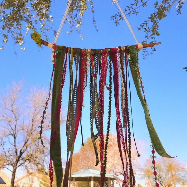 Ribbon Garland Wall Hanging /Nature Hanging Decor/Fae Garland/Fairy Flag/ Tree Branch Hanging/ Upcycled Home Decor/Green Witch Decor