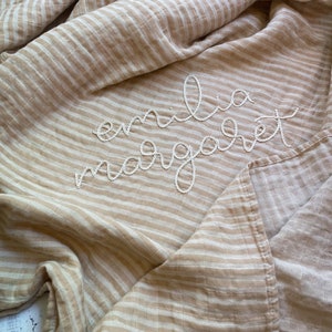 Hand Embroidered Baby Swaddle // Personalized Monogram Muslin Blanket image 8