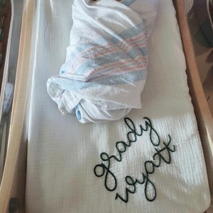 Hand Embroidered Baby Swaddle // Personalized Monogram Muslin Blanket image 7