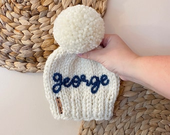 Embroidered Classic English Boxwood Hat // Custom Name Hand Knit Beanie // Infant-Baby-Child-Kid-Adult