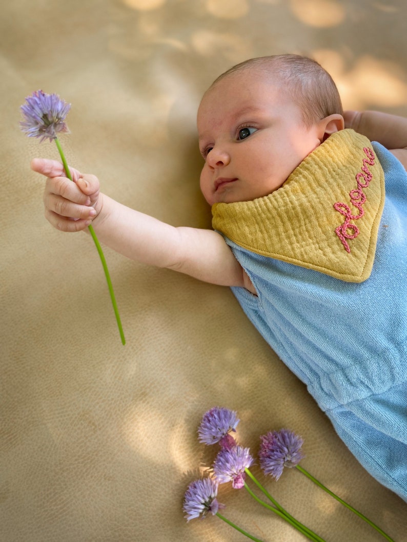 Hand Embroidered Baby Bib// Personalized Monogram Organic Muslin Drool Bib image 8