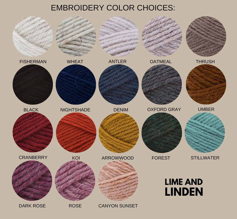 May include: A color chart of yarn samples for embroidery. The colors include Fisherman, Wheat, Antler, Oatmeal, Thrush, Black, Nightshade, Denim, Oxford Gray, Umber, Cranberry, Koi, Arrowwood, Forest, Stillwater, Dark Rose, Rose, Canyon Sunset, Lime and Linden.