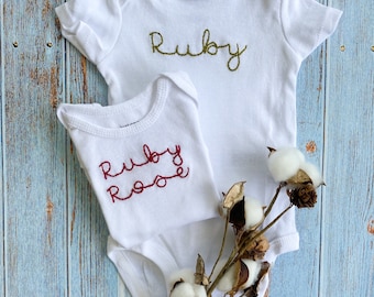 Hand Embroidered Onesie // Custom Name Stitched Onesie with Centered Embroidery