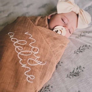 Hand Embroidered Baby Swaddle // Personalized Monogram Muslin Blanket image 4