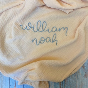 Hand Embroidered Baby Swaddle // Personalized Monogram Cotton Muslin Blanket image 10