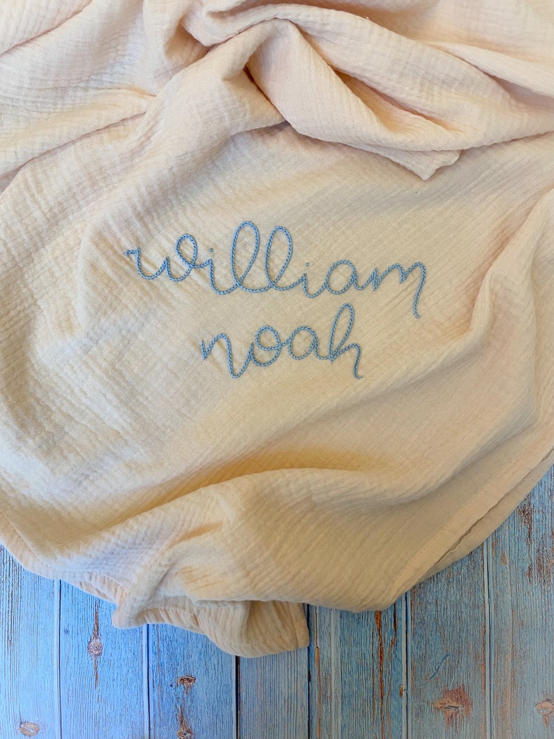 Hand Embroidered Baby Swaddle // Personalized Monogram Cotton Muslin Blanket image 10