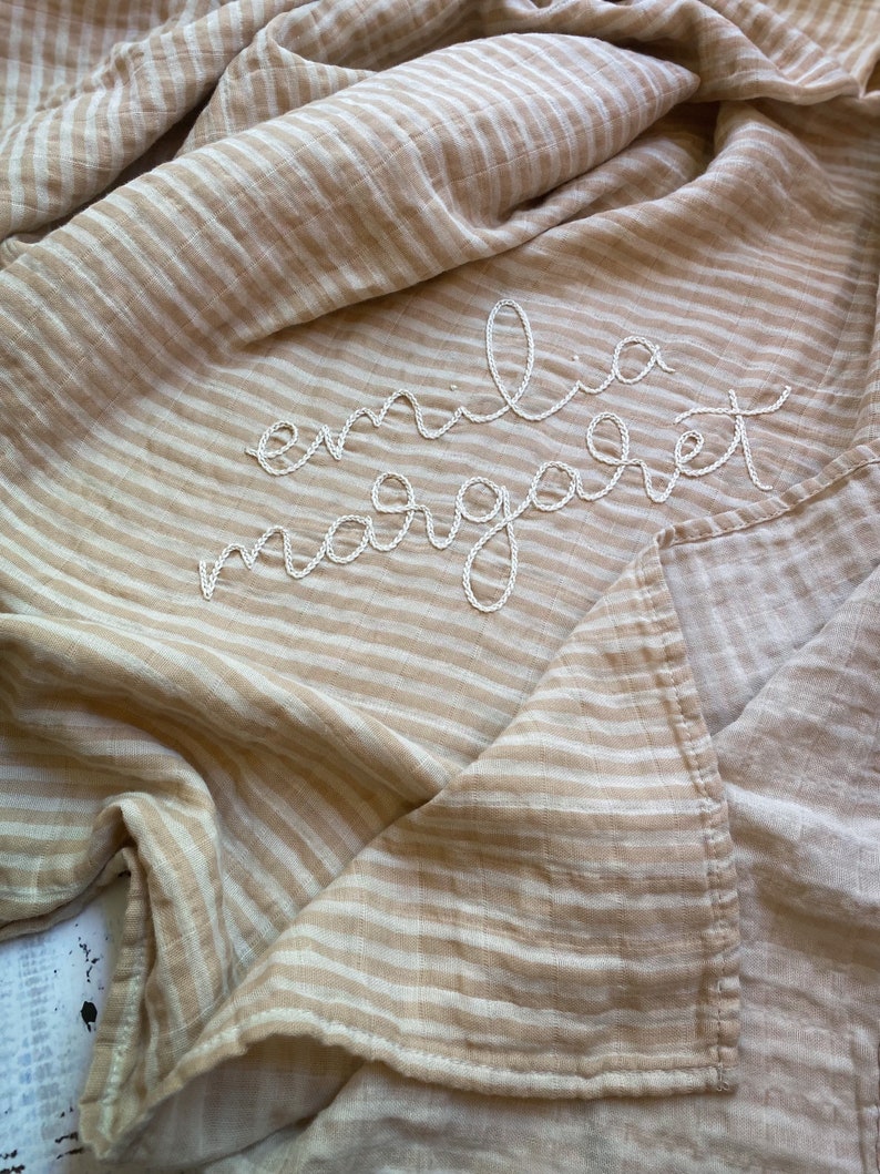 Hand Embroidered Baby Swaddle // Personalized Monogram Muslin Blanket image 8