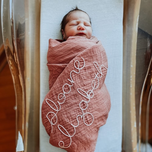 Personalized Hand Lettered Embroidered Baby Swaddle Receiving Etsy Canada