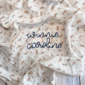 Hand Embroidered Baby Swaddle // Personalized Monogram Muslin Blanket