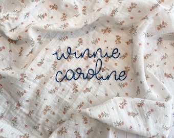 Hand Embroidered Baby Swaddle // Personalized Monogram Muslin Blanket