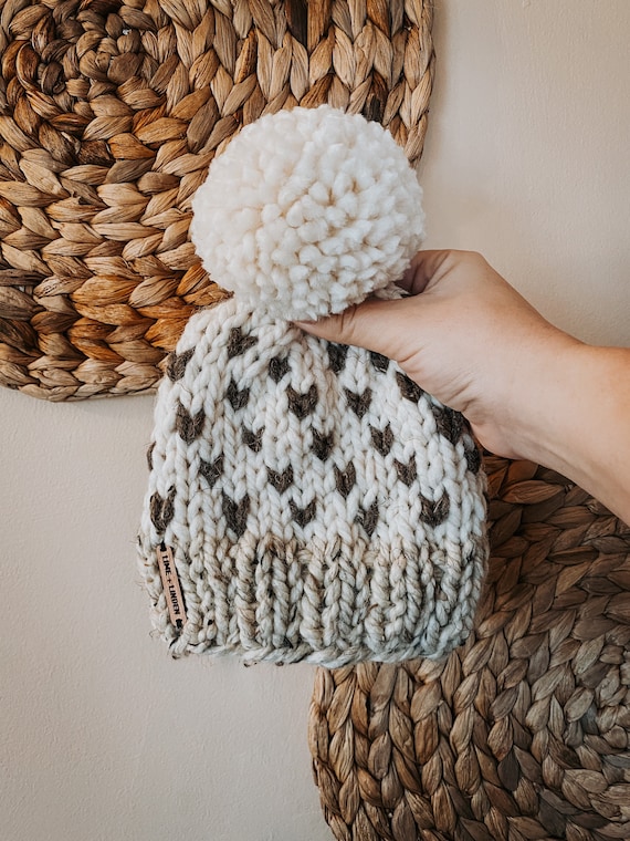 Fair Isle Hand Knit Beanie With Pom Pom - Custom 3-color  display picture 1