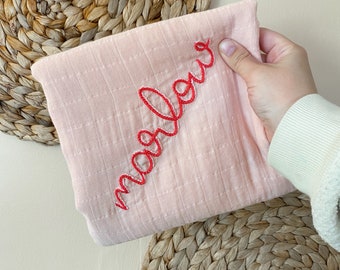 Hand Embroidered Baby Swaddle with Drop Shadow Stitching // Personalized Monogram Cotton Muslin Blanket