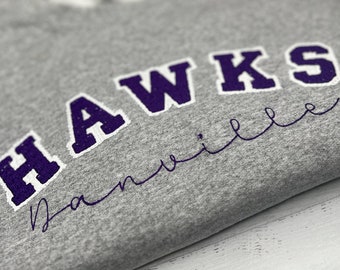 Faux Chenille Crewneck Sweatshirt, School Team Spirit Embroidery Shirt, Women, Glitter letters
