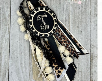 Leopard Animal Print, Embroidery Monogram Bogg Bag Accessory, Black Shimmer Initial Charm, Ribbon Tassel Tag, Keychain